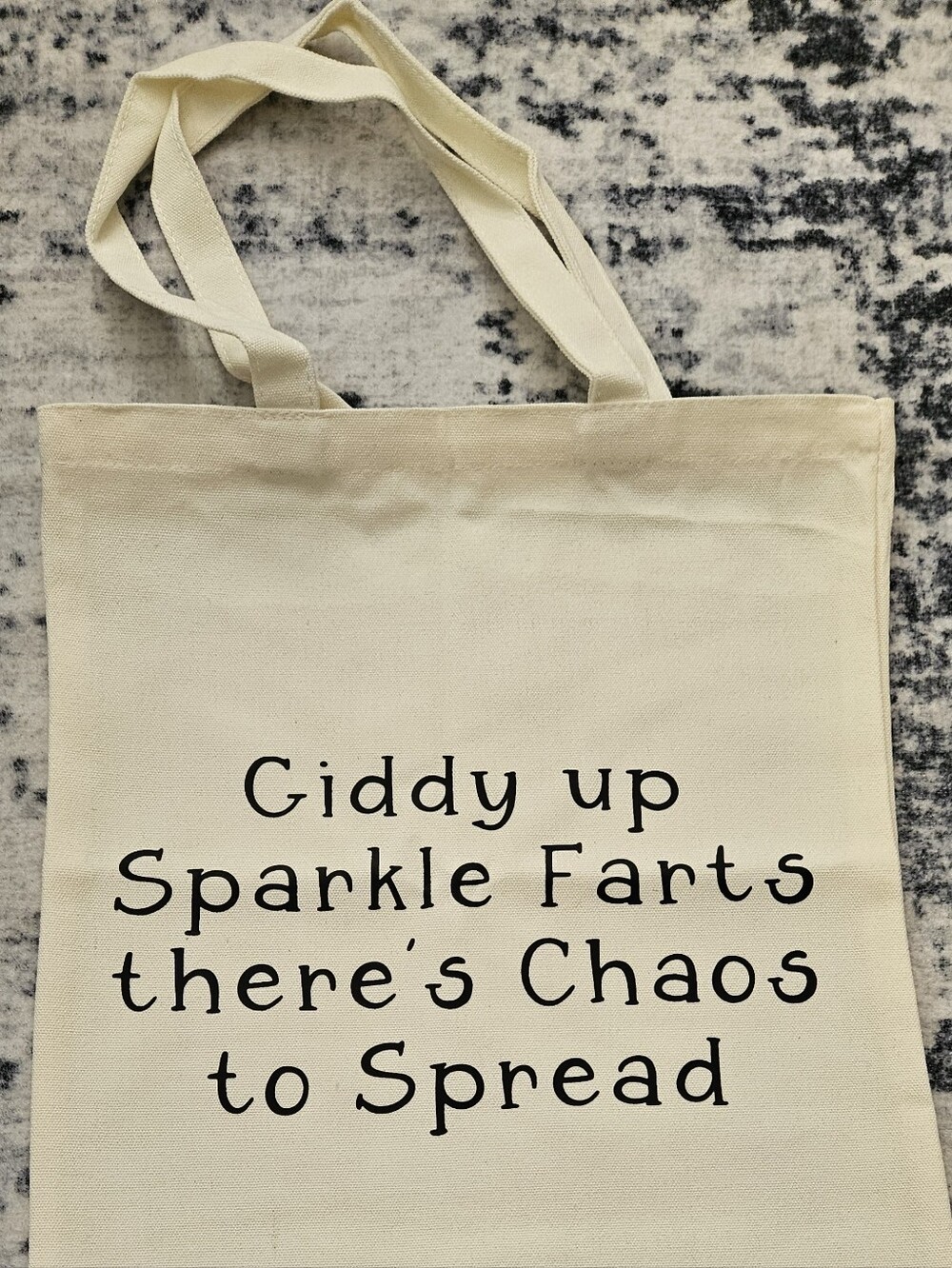 Canvas Tote Bag with 'Giddy up Sparkle Farts' Text - Cream with Black Print